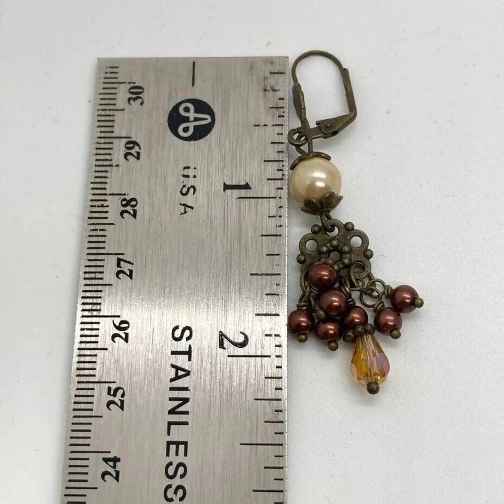Vintage Style Dangle Earrings Pearl Bronze Brown Amber Leverback Fashion Jewelry